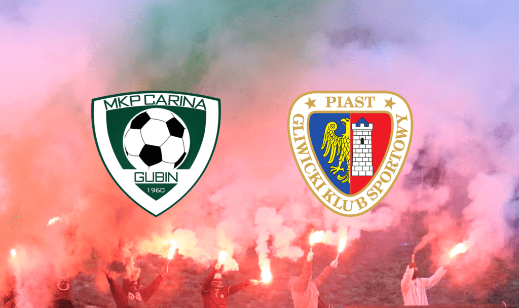 Logotypy dwóch klubów piłkarskich: Cariny Gubin i Piasta Gliwice